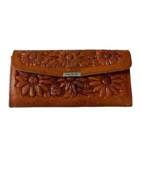Vintage Tooled Leather Floral Wallet Brown Embossed Clutch Hecho en Mexico